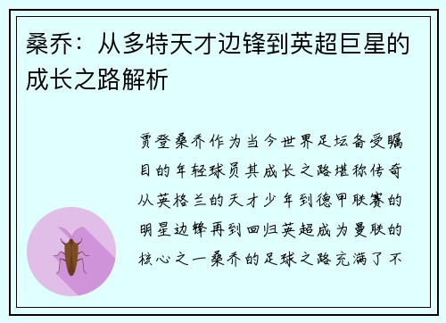 桑乔:从多特天才边锋到英超巨星的成长之路解析 桑乔:从多特天才边锋到英超巨星的成长之路解析