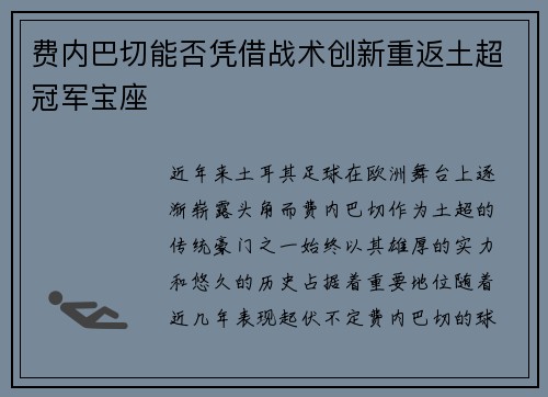 费内巴切能否凭借战术创新重返土超冠军宝座 费内巴切能否凭借战术创新重返土超冠军宝座